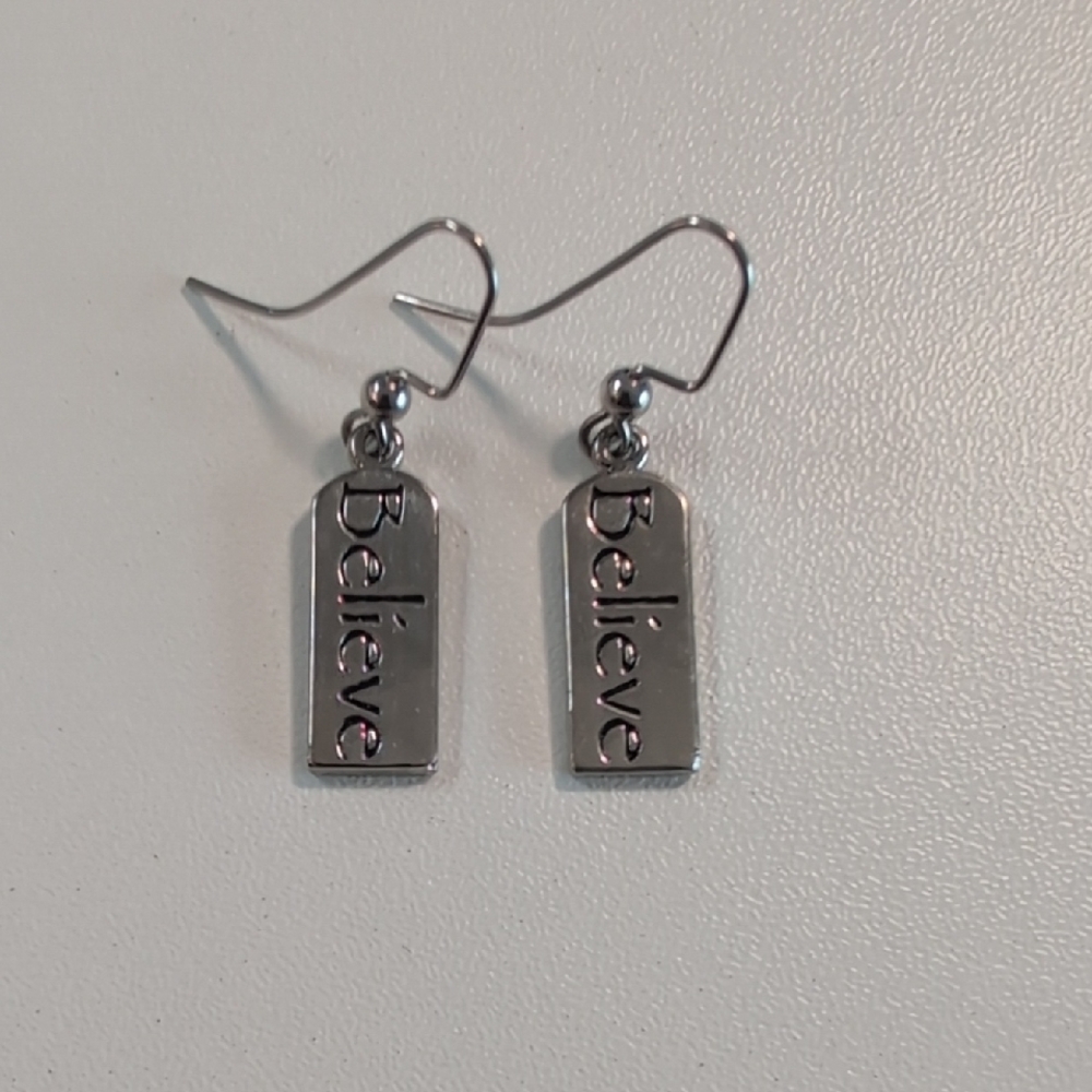 Silver 'Believe' Dangle Earrings